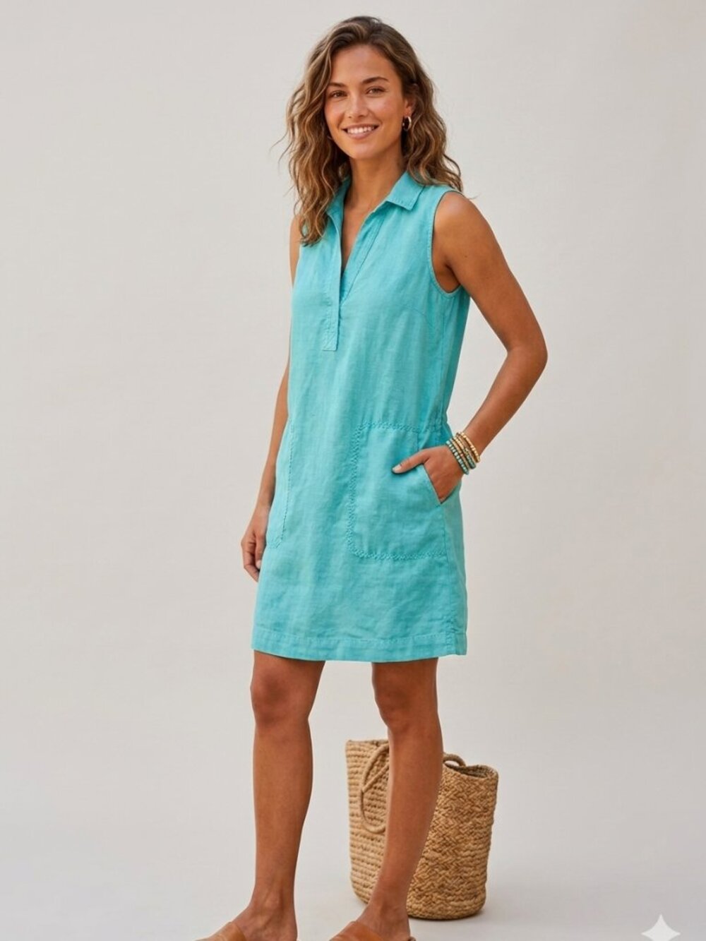 C&C California Turquoise Teal 100% Linen Sleeveless Tunic Dress Size 10 Pockets